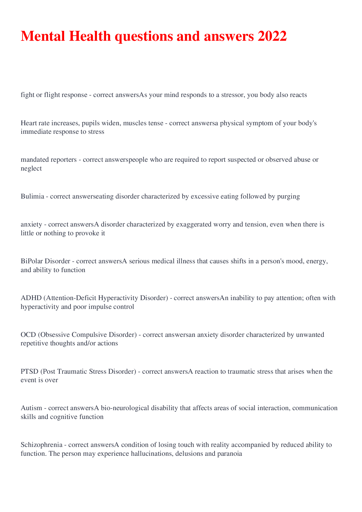 Preview image for Mental health Questions And Answers 2022/2023